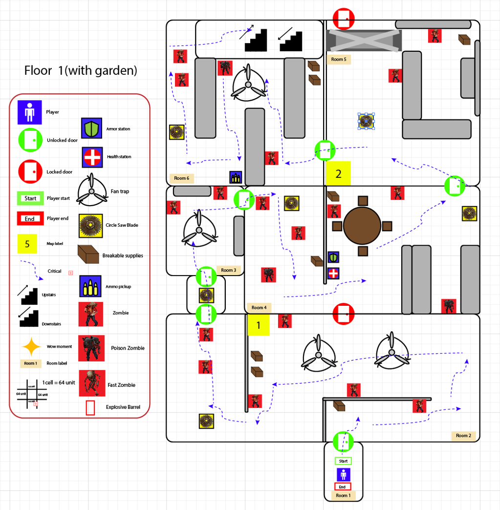 Level design document showing the first floor route, encounters, traps, and pickups