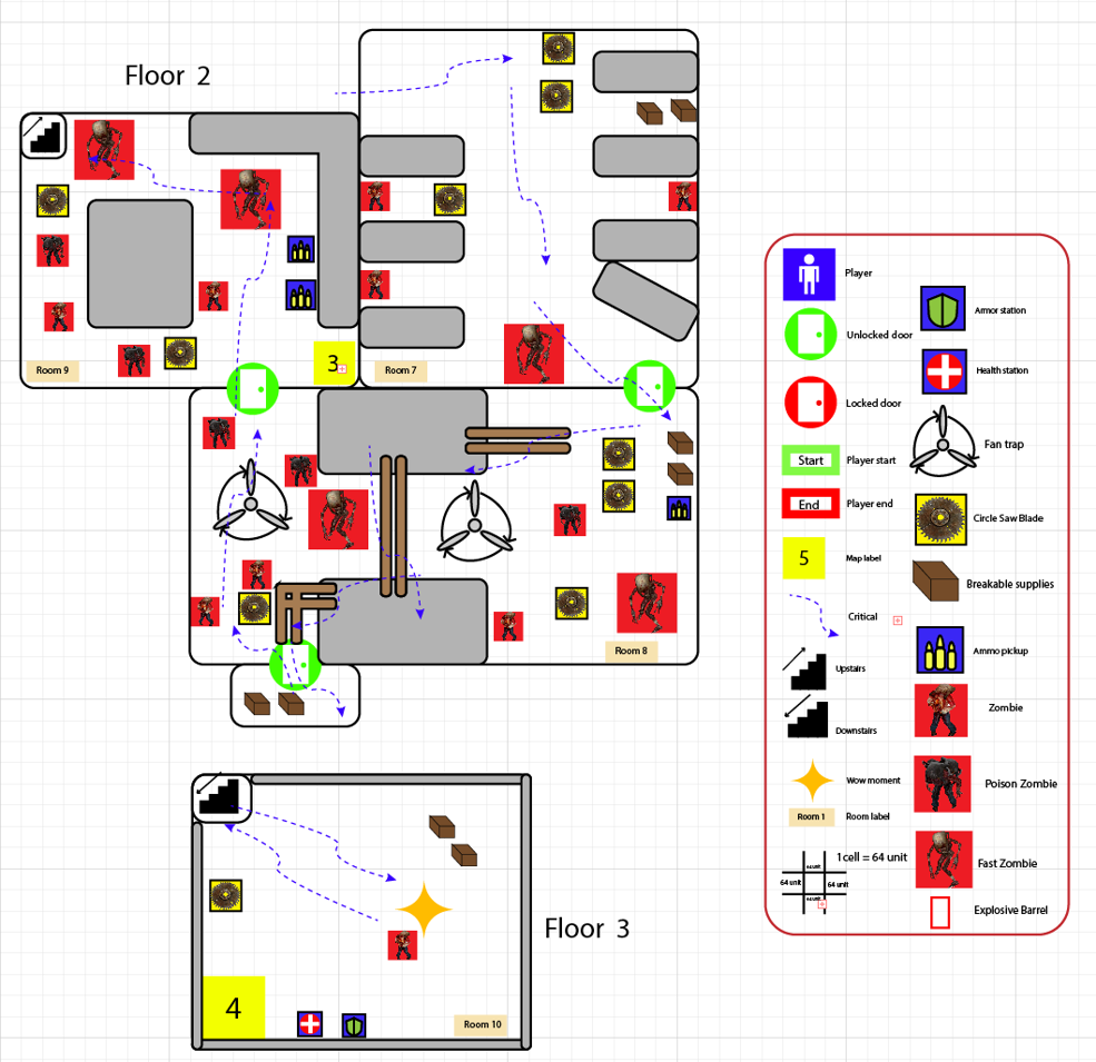 Level design document showing the second and third floor route, encounters, traps, and pickups