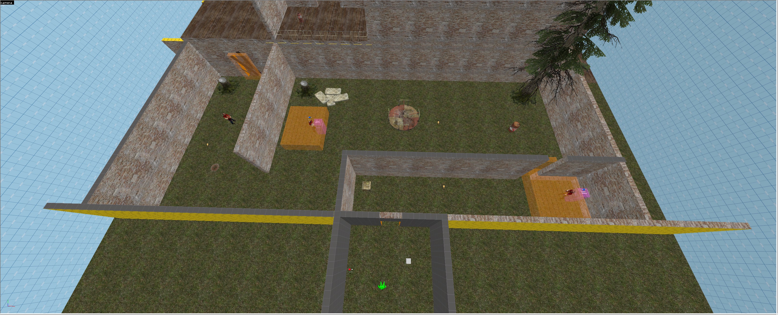 Early whitebox overview of the Ravenholm courtyard layout
