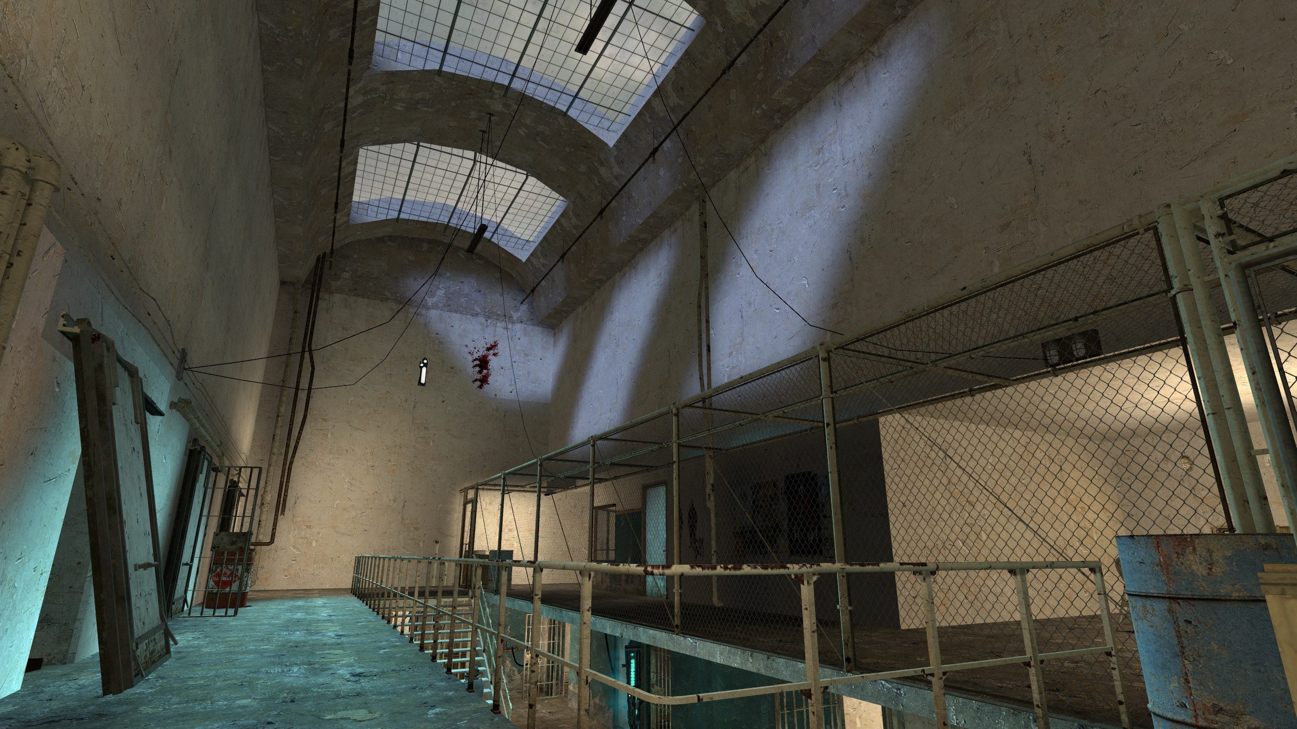 Upper prison walkway under skylights