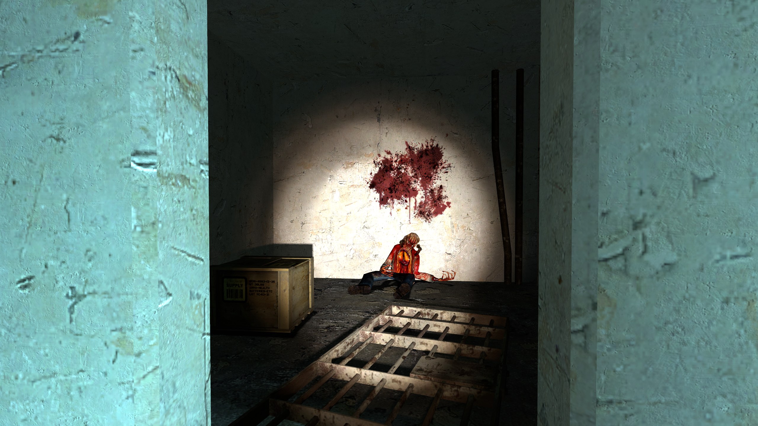 Environmental story scene lit at the end of a dark room
