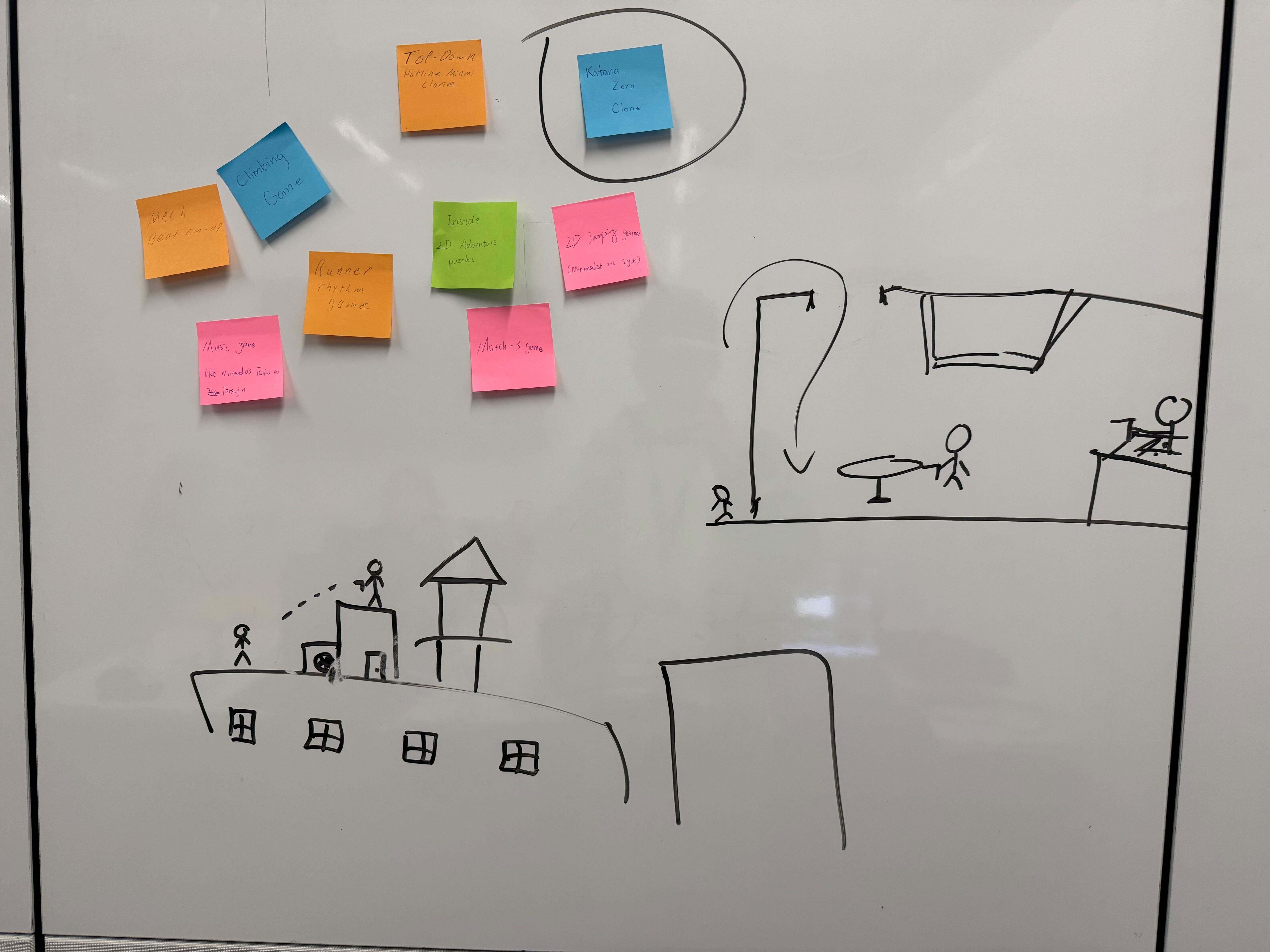 Whiteboard sketches exploring platforming spaces and possible game concepts