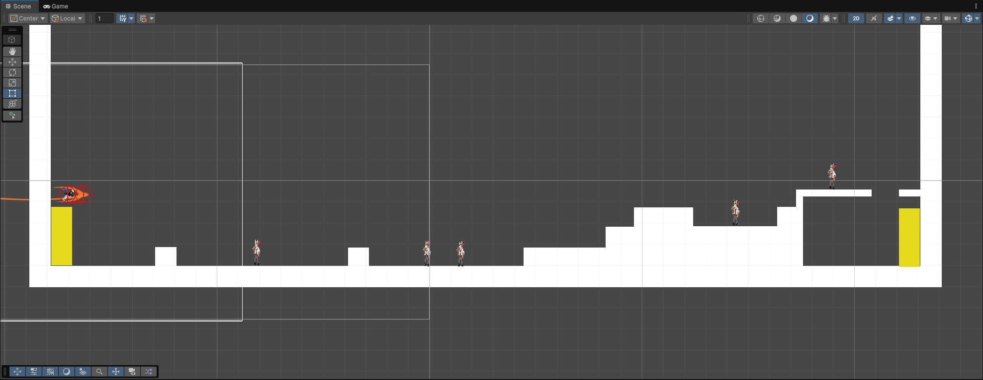 Unity whitebox showing the early Neko Moto platform layout and enemy positions