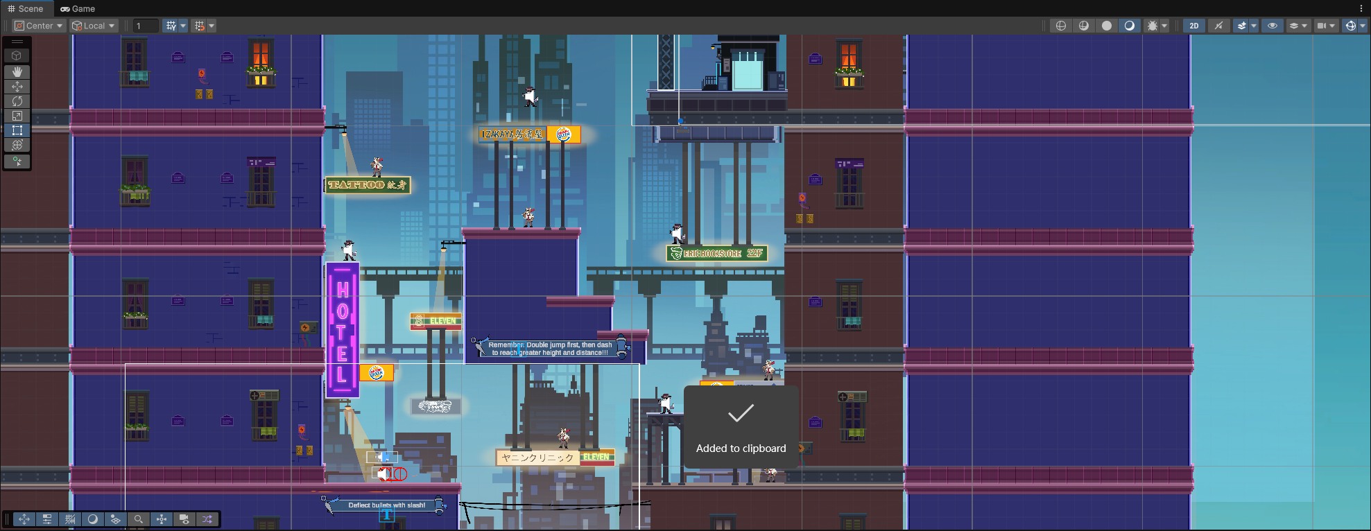 Final Neko Moto level in Unity with completed city artwork, lighting, props, and gameplay elements