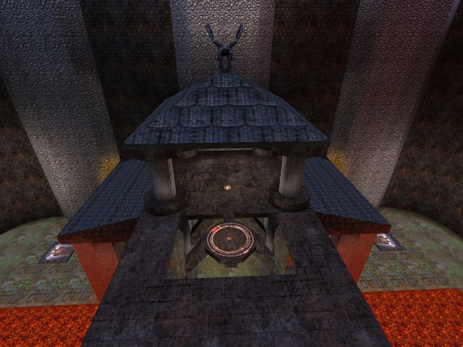 Central elevated structure surrounded by lava